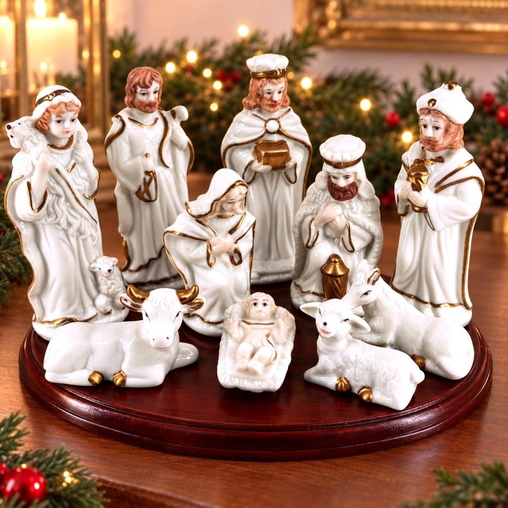 Vtg Christmas Nativity Set Ivory Porcelain Gold Wood Base Holy Family Creche